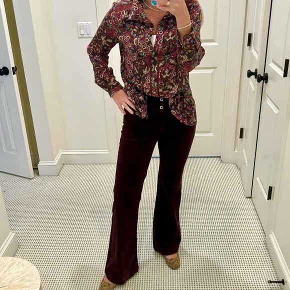 Maeve Anthropologie Burgundy Multicolor Floral Ruffle Hem Blouse Women Sz 4 - Picture 4 of 9